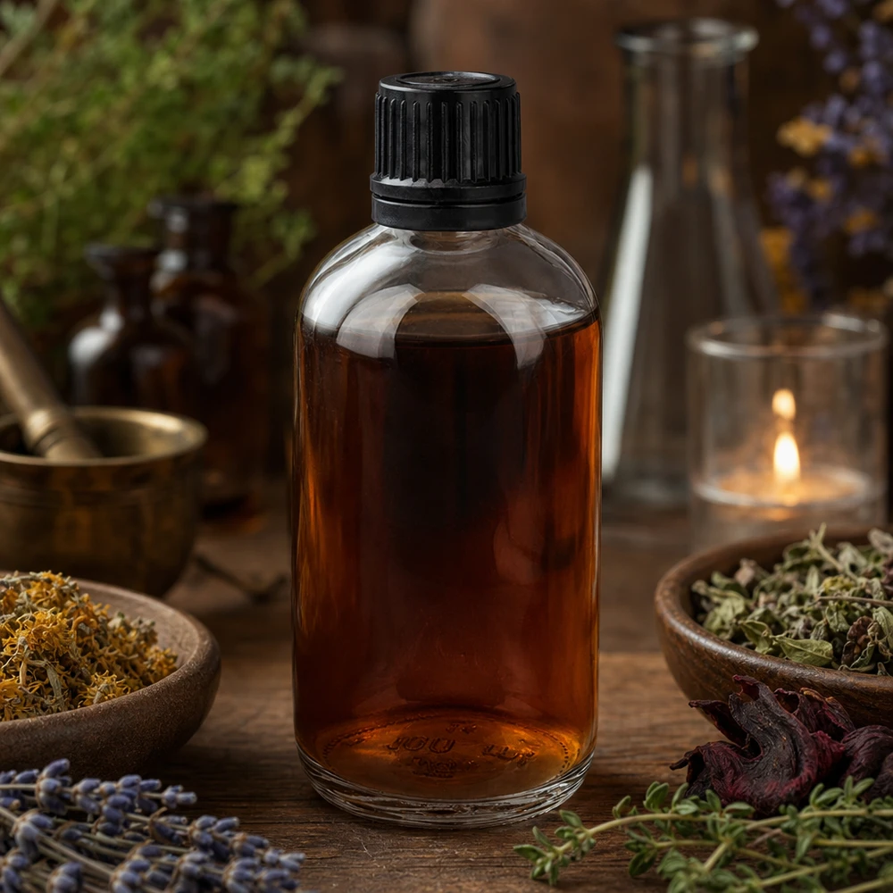 Tintura de ervas castanha num frasco de vidro transparente de 100 ml, rodeada por ervas medicinais secas e lavanda