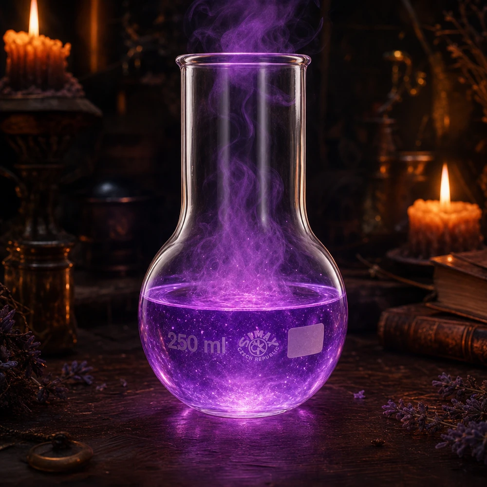 Balão de 250 ml de gargalo largo com iluminação mística violeta para experiências atmosféricas em laboratório