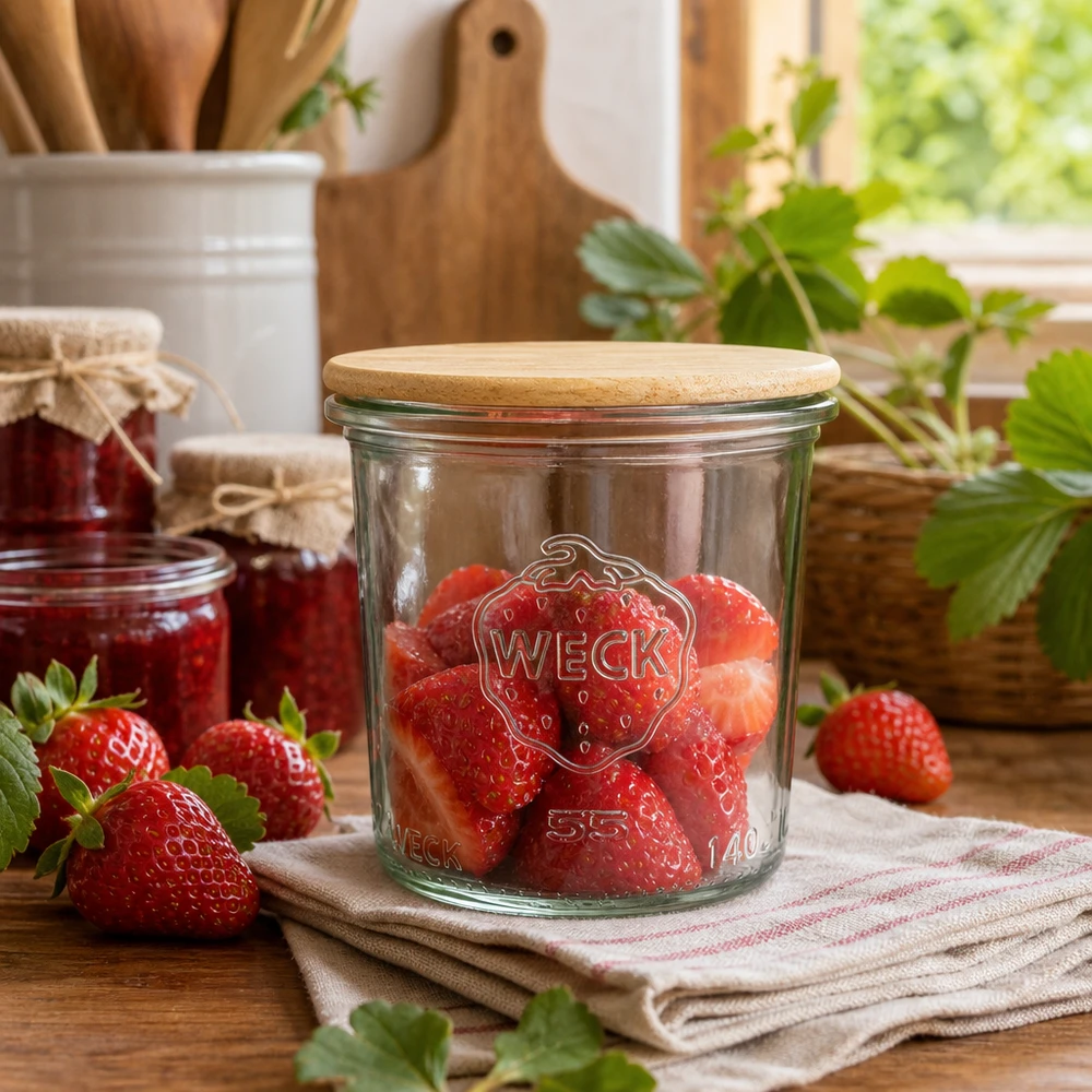 Os copos RR60 de 140 ml da WECK cheios de morangos frescos revelam uma utilização prática num ambiente de cozinha rústica