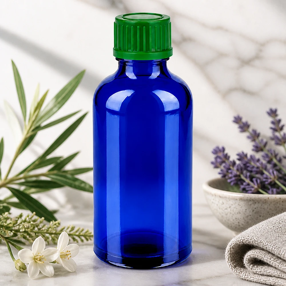 Frasco de 50ml com tampa de rosca de 11mm verde Standard BlueLine UT18/50 Frasco de 50 ml com tampa de rosca e abertura de 11 mm em vidro azul para uma dosagem precisa de óleos essenciais