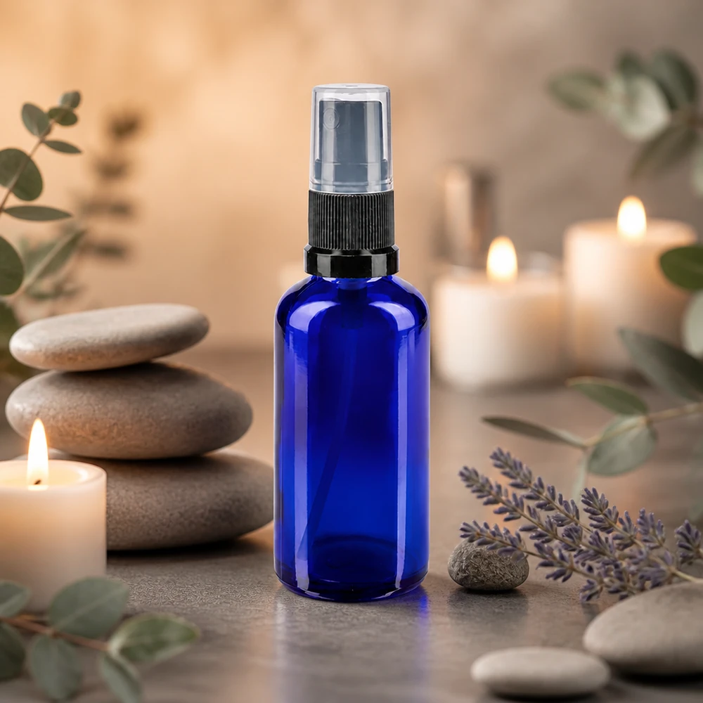 Frasco pulverizador azul de 50 ml em vidro de farmácia com pulverizador preto, em frente a lavanda e velas