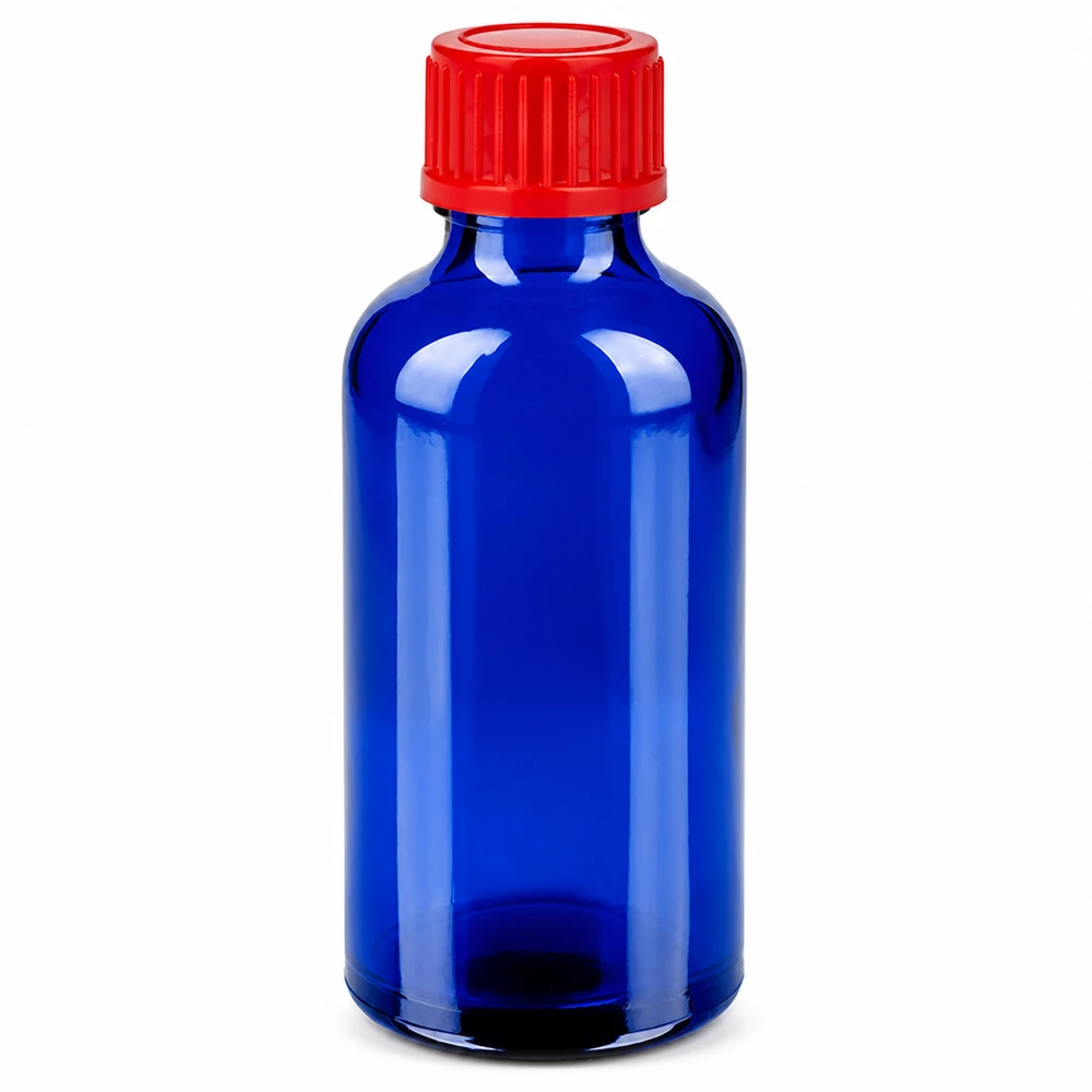 Frasco de 50ml 11mm tampa de rosca vermelha Standard BlueLine UT18/50 Frasco de vidro azul de 50 ml com tampa de rosca vermelha 11 mm SV BlueLine UT18/50