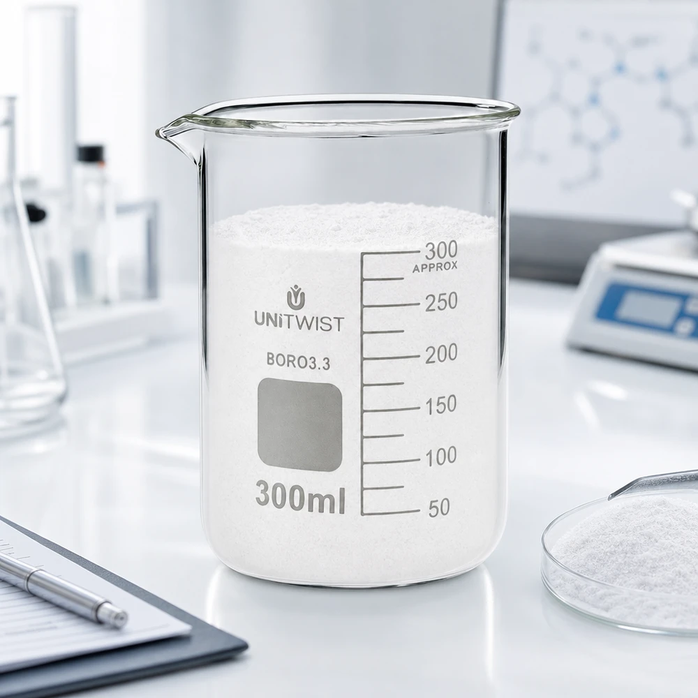 Copo de vidro UNiTWIST de 300 ml cheio de pó branco sobre uma mesa de trabalho de laboratório com balança