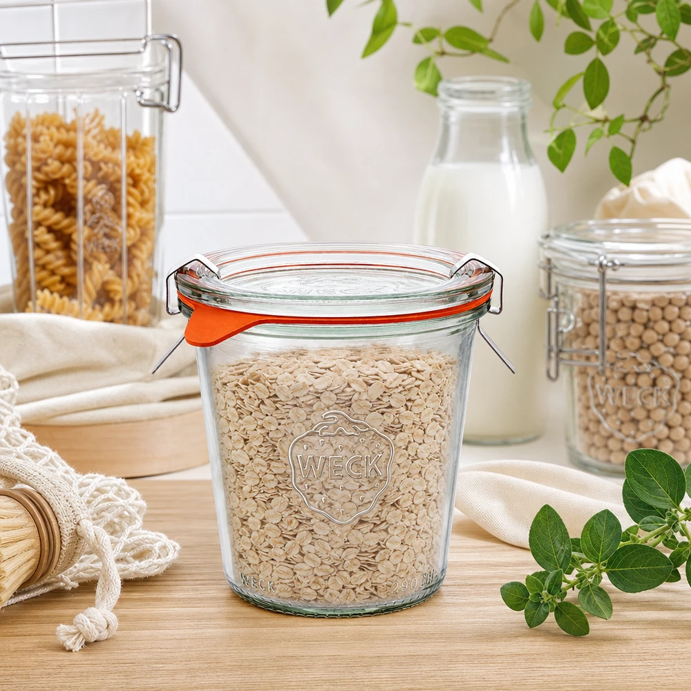 Copos WECK de 290 ml RR80 cheios de flocos de aveia num cenário de cozinha natural com superfície de madeira e plantas verdes