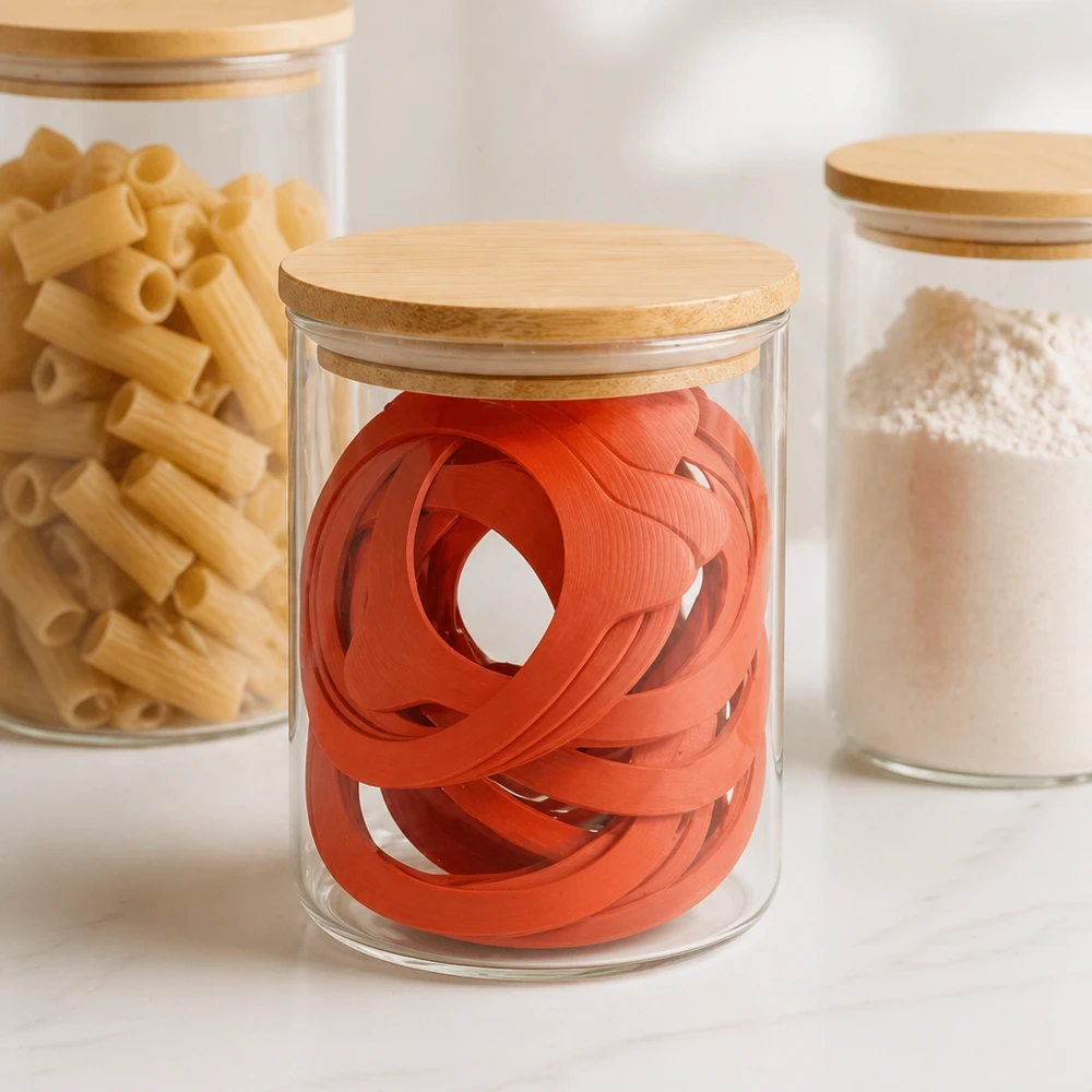 Anel de vedação em borracha natural RR80 Orangefarbene Einkochringe RR80 in stylischem Glasvorratsgefäß mit Holzdeckel neben Pasta und Mehl in moderner Küche