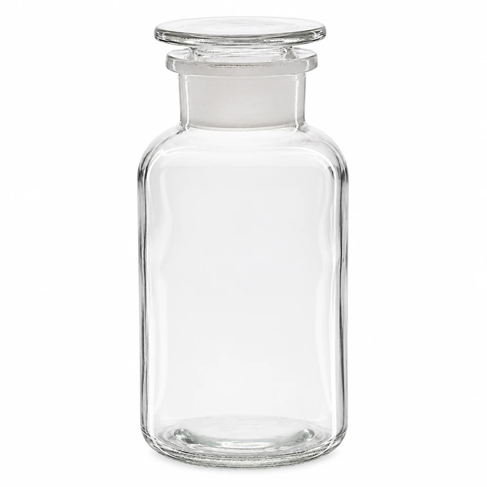 Garrafa de ombro arredondado, 500 ml, transparente, com rolha de vidro e gargalo largo, para laboratório e farmácia