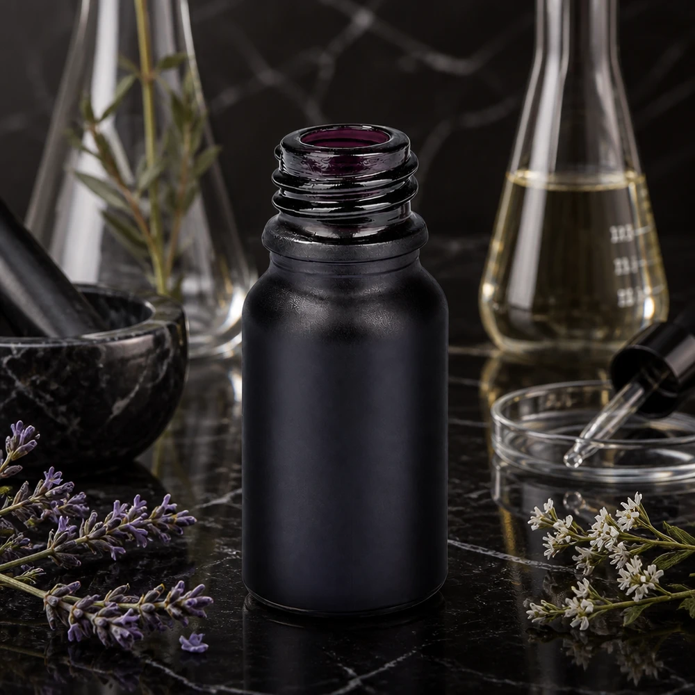Frasco farmacêutico elegante de 10 ml BlackLine UT18/10 UNiTWIST com revestimento preto para ambiente de laboratório