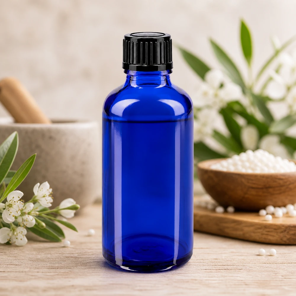 Frasco de farmácia azul 50ml tampa conta-gotas 1mm preto standard Frasco conta-gotas de 50 ml em vidro de farmácia azul cobalto com tampa de segurança para crianças preta