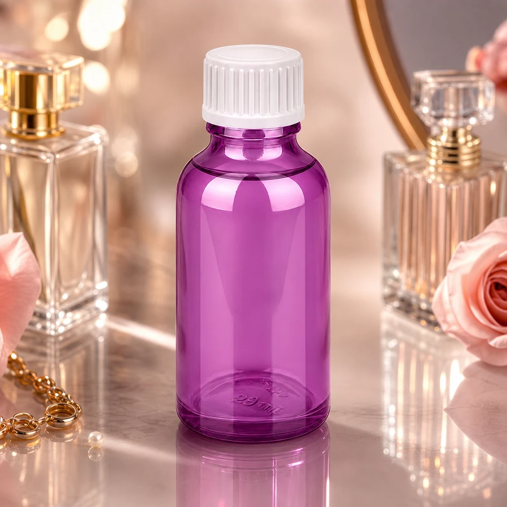 Frasco de vidro violeta elegante de 30 ml com tampa com ranhuras para perfume e essências