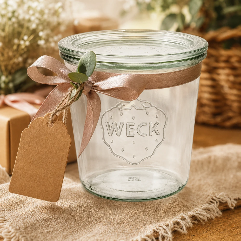 Copos WECK 580ml RR100 decorados com fita castanha e etiqueta de presente como ideia de embrulho