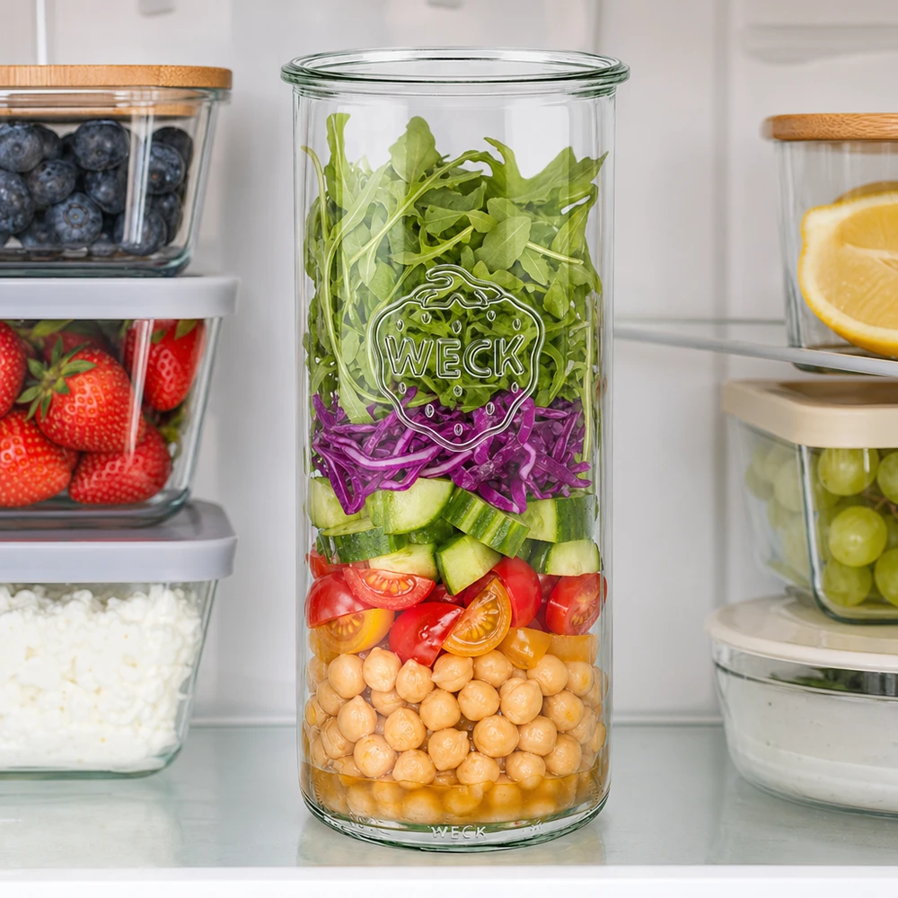 Frasco de vidro de 1500 ml WECK RR100 Copos WECK RR100 1500ml com salada em camadas de grão-de-bico, legumes e folhas verdes em cozinha branca