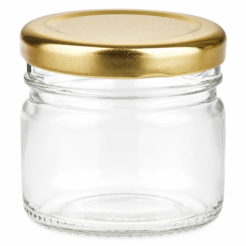 Frasco redondo de vidro de 33 ml + tampa BasicSeal dourada UNiTWIST Frasco redondo pequeno de 33 ml com tampa de rosca BasicSeal dourada, em vidro transparente, para compota e mel