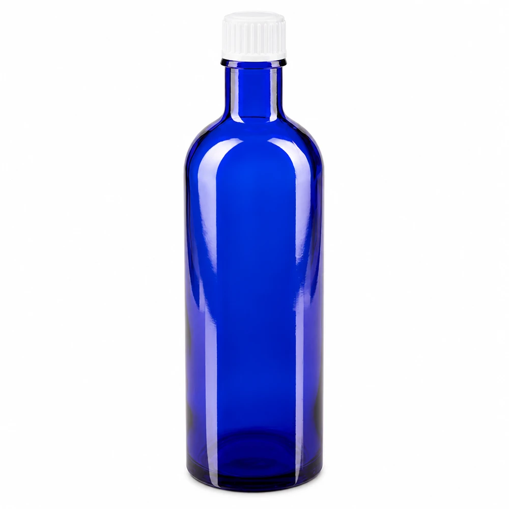 Frasco de farmácia azul de vidro, com 200 ml, com tampa de rosca branca