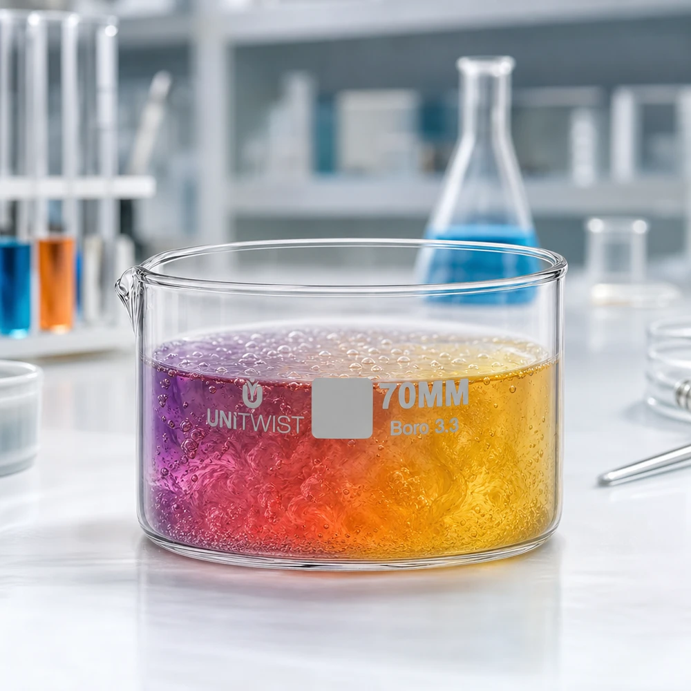 Prato de cristalização ø70mm vidro borossilicato UNiTWIST Bandeja de cristalização de 70 mm UNiTWIST Boro 3.3 com solução de reação colorida (violeta, laranja e amarelo) no laboratório