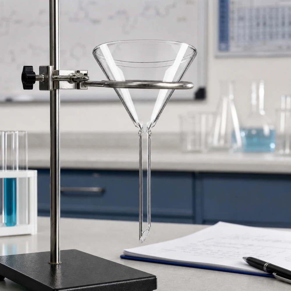 Funil de vidro de precisão com abertura de 70 mm e haste curta para dosagem exacta em laboratórios e na química