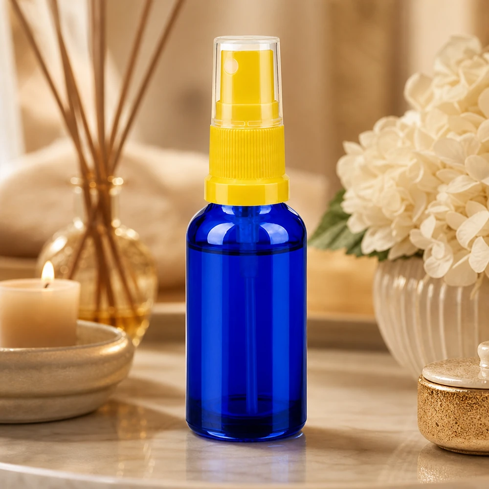 Frasco spray de 30ml amarelo/transparente com tampa standard BlueLine UT18/30 Frasco de spray elegante de 30 ml com atomizador amarelo, perfeito para produtos cosméticos DIY e cuidados da pele