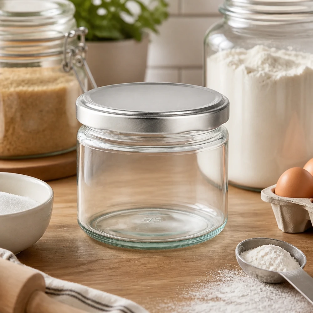 Frasco redondo de 330 ml com tampa BasicSeal vazio entre os ingredientes para cozer sobre uma mesa de madeira Frasco de conservação para cozinha e pastelaria