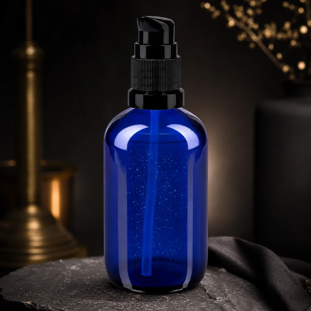 Elegante frasco com bomba de 100 ml em azul cobalto, com dispensador preto sobre fundo de ardósia escura