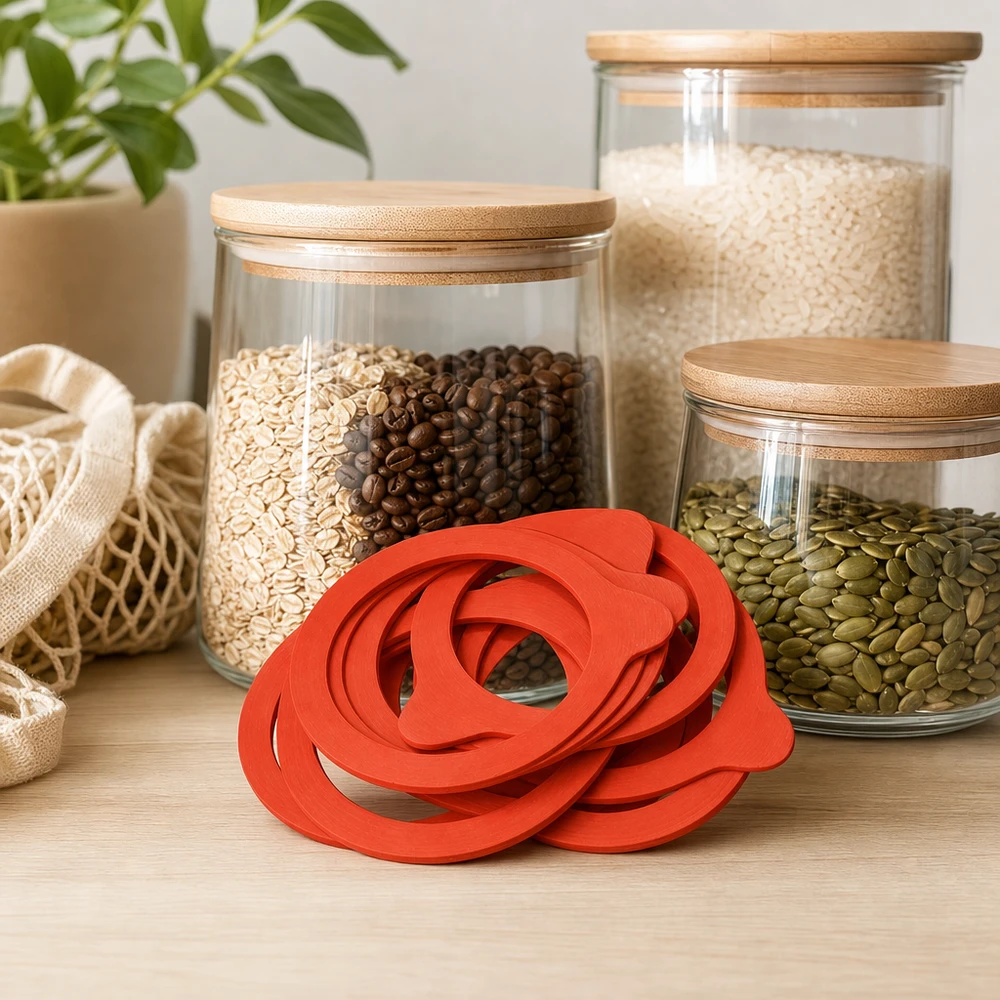 Anel de vedação em borracha natural RR80 Einkochring RR80 Naturgummi rot in moderner Vorratsküche mit Vorratsgläsern Reis Kaffee Samen Mesh-Beutel