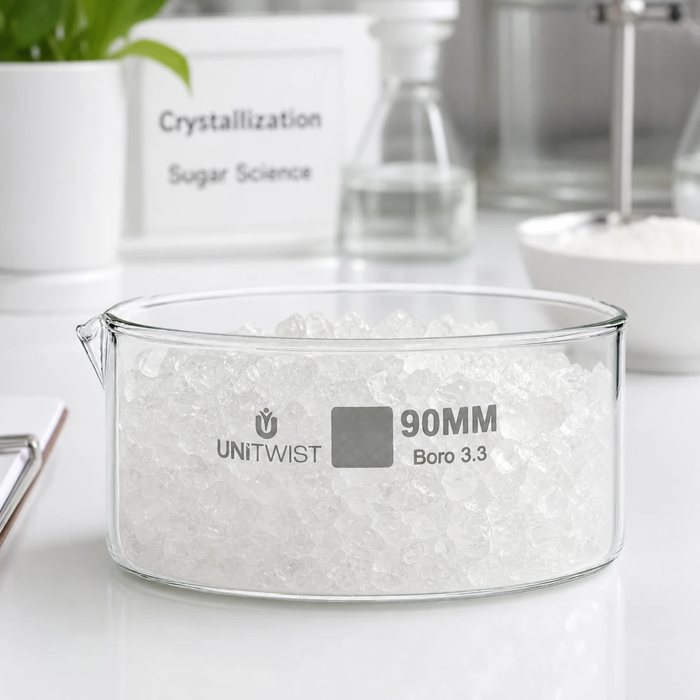 Baceta de cristalização de 90 mm UNiTWIST com cristais de açúcar brancos, vidro borossilicato, utilização em laboratório
