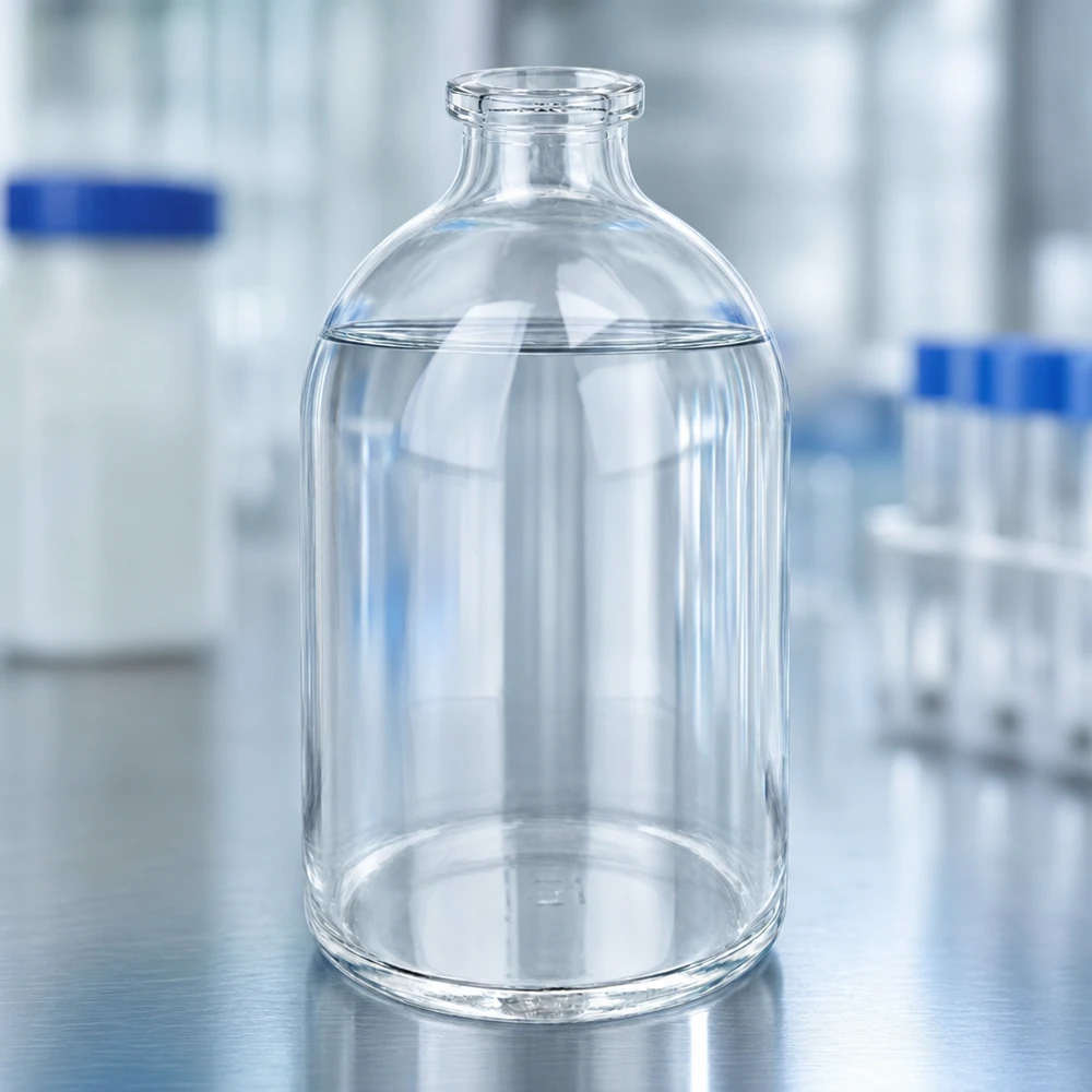 Frasco de injeção de vidro transparente 100ml Zylindrische Pharmaflasche 100ml aus hochwertigem Klarglas mit konisch zulaufendem Flaschenhals