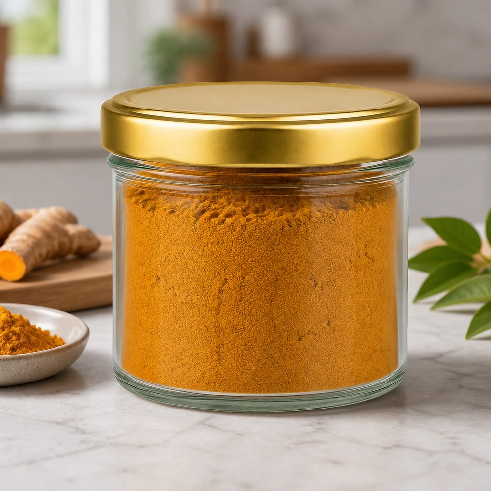 Frasco cilíndrico de 230 ml com tampa dourada BasicSeal cheio de curcuma em pó Frasco de especiarias Ambiente de cozinha