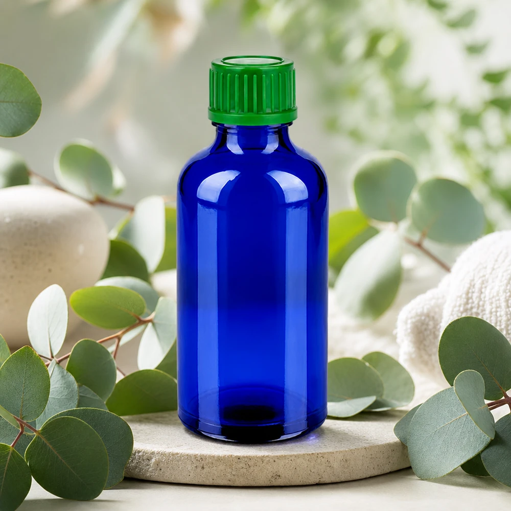 Frasco de 50ml com tampa de rosca de 11mm verde Standard BlueLine UT18/50 Frasco de vidro cobalto de 50 ml de alta qualidade com tampa verde para produtos cosméticos profissionais