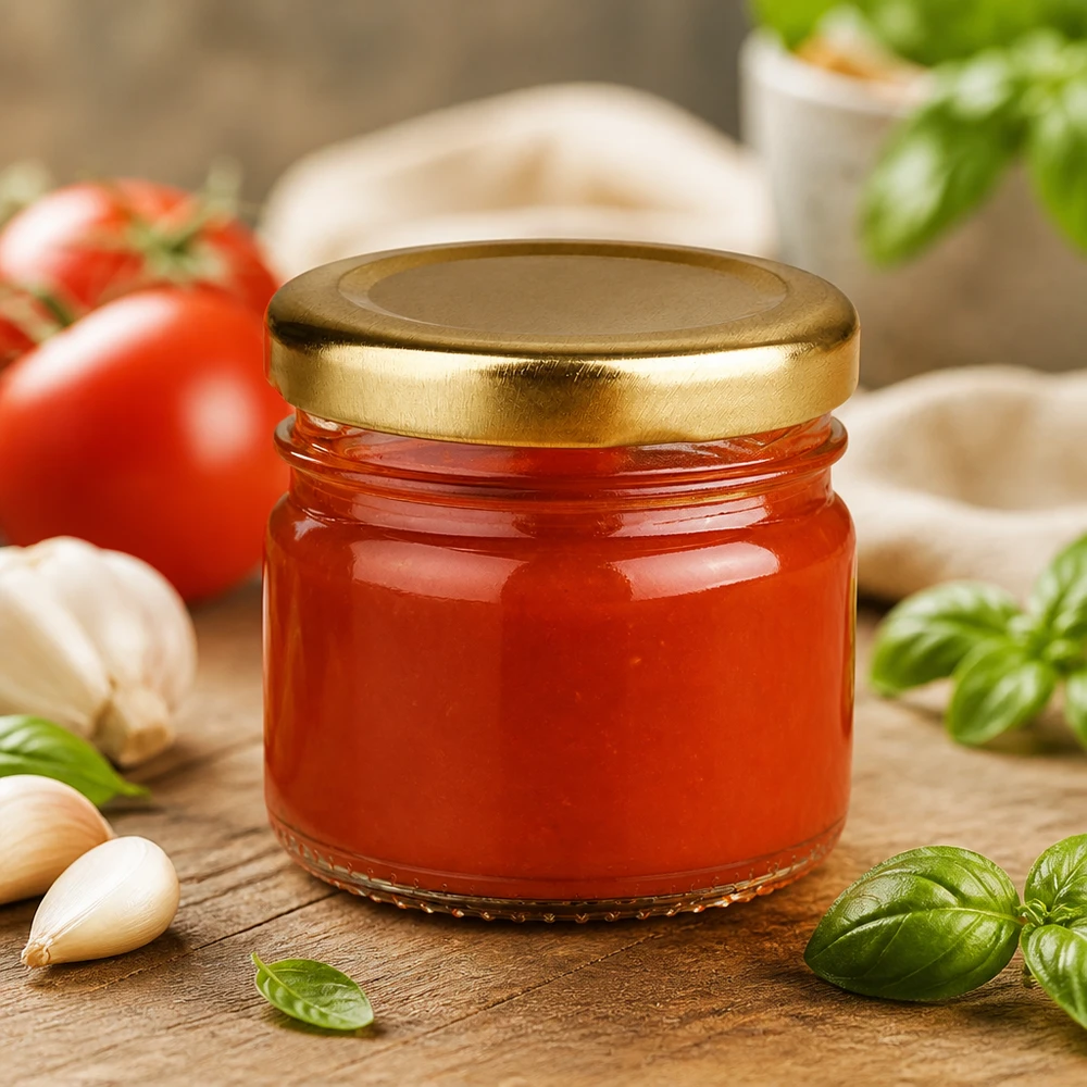 Molho de tomate num frasco redondo de vidro de 33 ml com tampa BasicSeal dourada, ao lado de tomates frescos, manjericão e alho