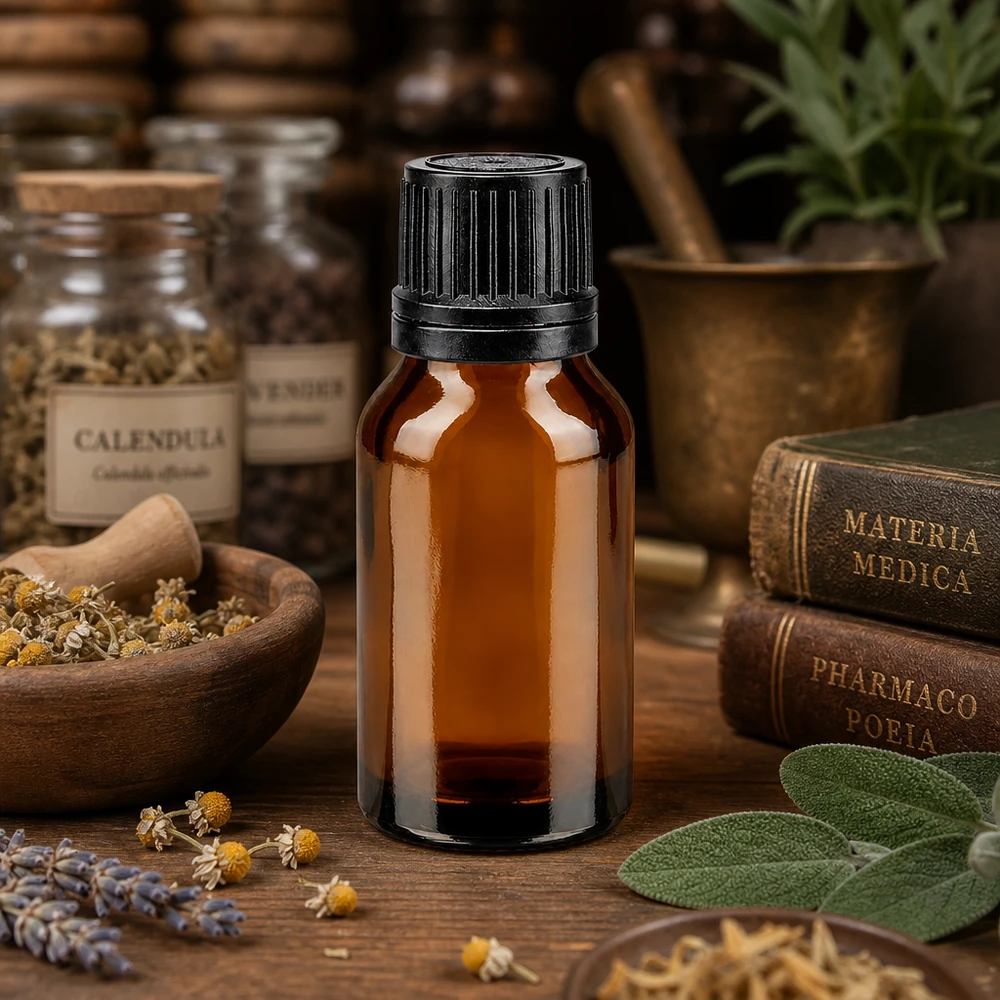 Ervas medicinais e frasco castanho de farmácia de 15 ml com tampa conta-gotas preta, perante livros antigos da farmacopeia
