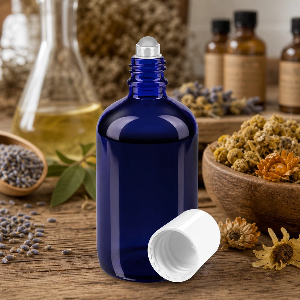 Frasco de vidro azul de farmácia de 100 ml com aplicador de rolo, entre ervas secas e flores