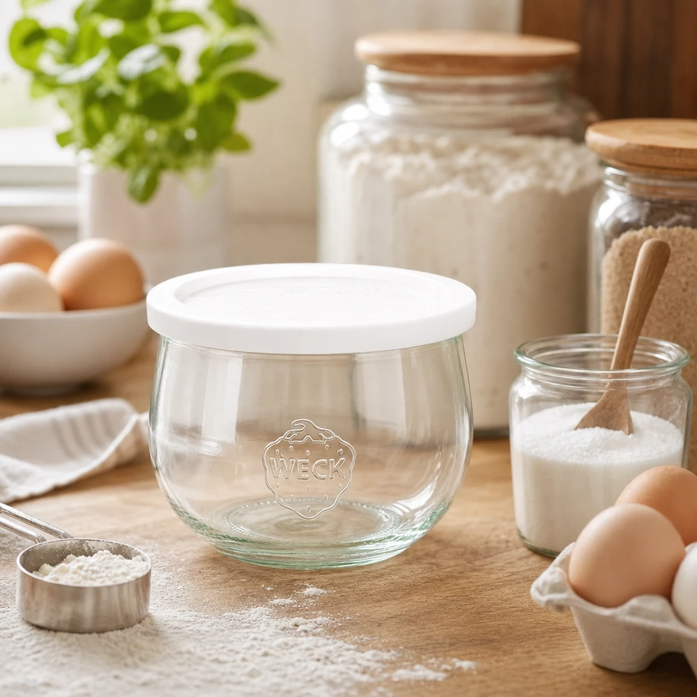 Frasco de tulipa WECK 580ml RR100 vazio com tampa de frescura na cozinha de pastelaria rodeado de farinha, ovos e ingredientes de pastelaria