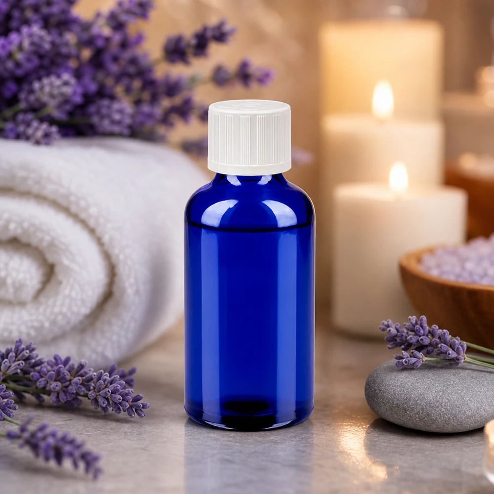 Frasco elegante de 50 ml em azul-cobalto com uma prática tampa de rosca de 11 mm para aromaterapia