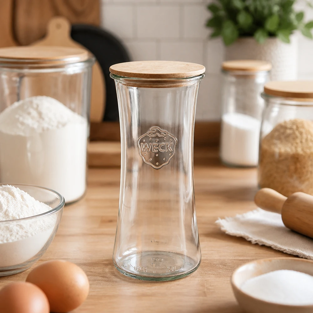 Frasco para charcutaria WECK 700ml RR80 vazio com tampa de bambu na cozinha rodeado de frascos para guardar ingredientes de pastelaria, farinha e ovos