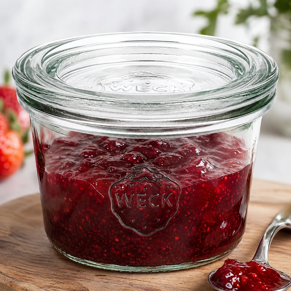 O frasco WECK RR60 de 80 ml cheio de compota de morango vermelho mostra a utilização prática para conservar a compota