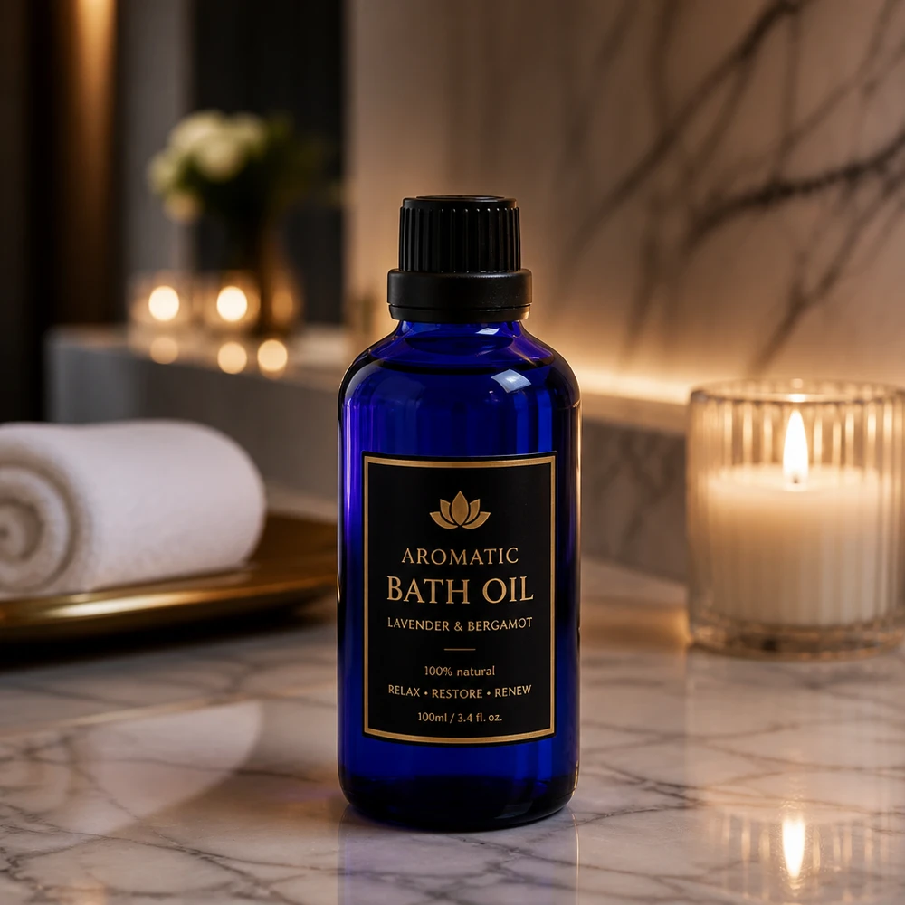 Frasco de vidro de farmácia azul de 50 ml com tampa OV preta sobre mármore, ao lado de uma vela perfumada acesa