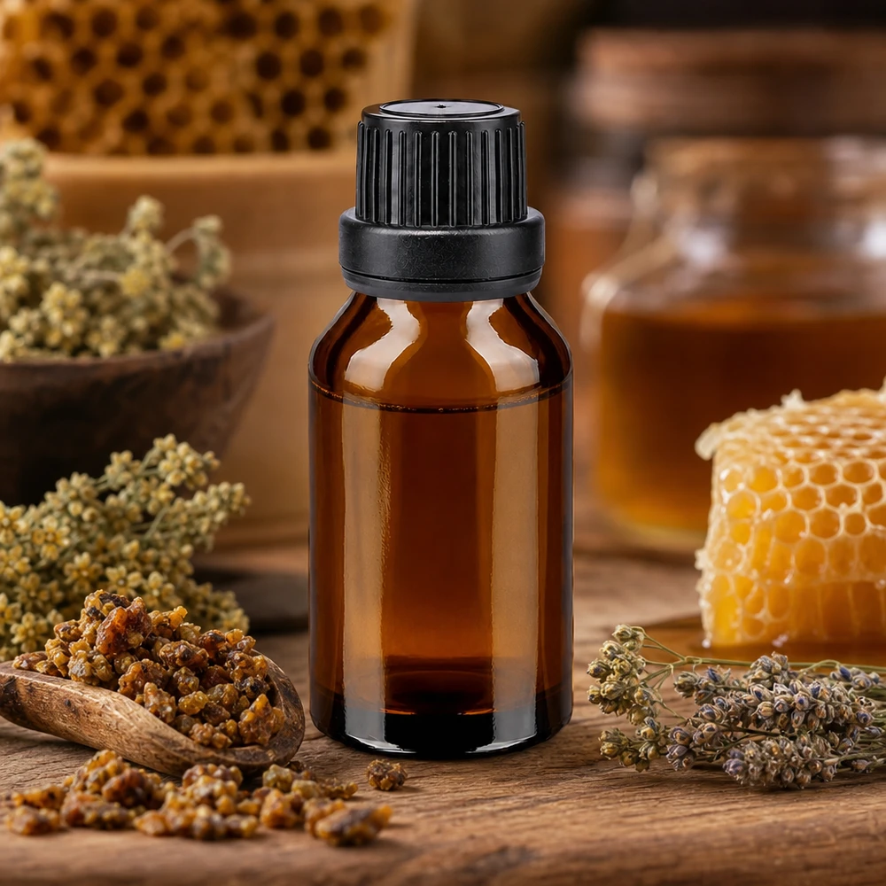 Frasco de farmácia castanho 15ml com tampa de rosca preta inviolável Frasco de farmácia de vidro castanho de 15 ml com própolis, favo de mel e ervas medicinais para produtos naturais