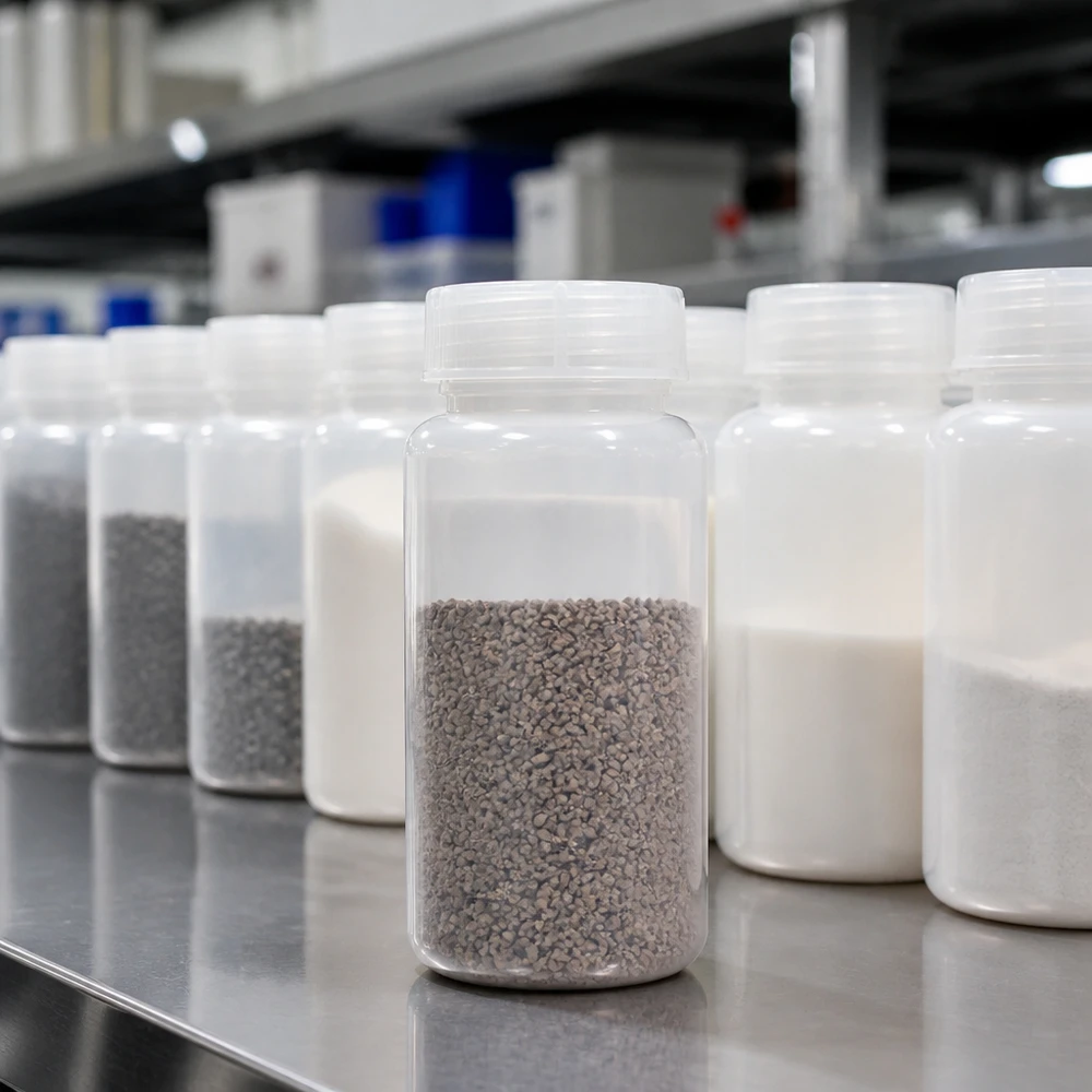 Frasco de laboratório transparente de gargalo largo, com 1000 ml, contendo granulado cinzento, entre frascos de laboratório brancos de HDPE, sobre uma mesa metálica