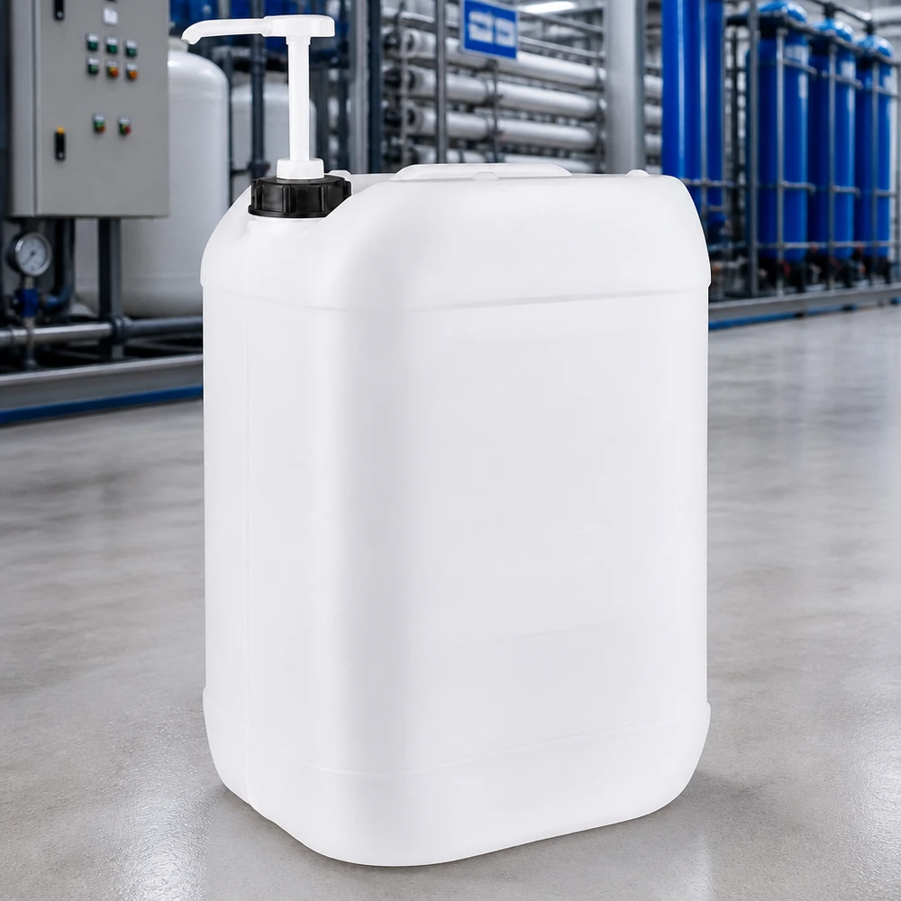 Bidão de 25 L, adequado para uso alimentar, com dispensador de bomba, instalado a montante do sistema de tratamento de água