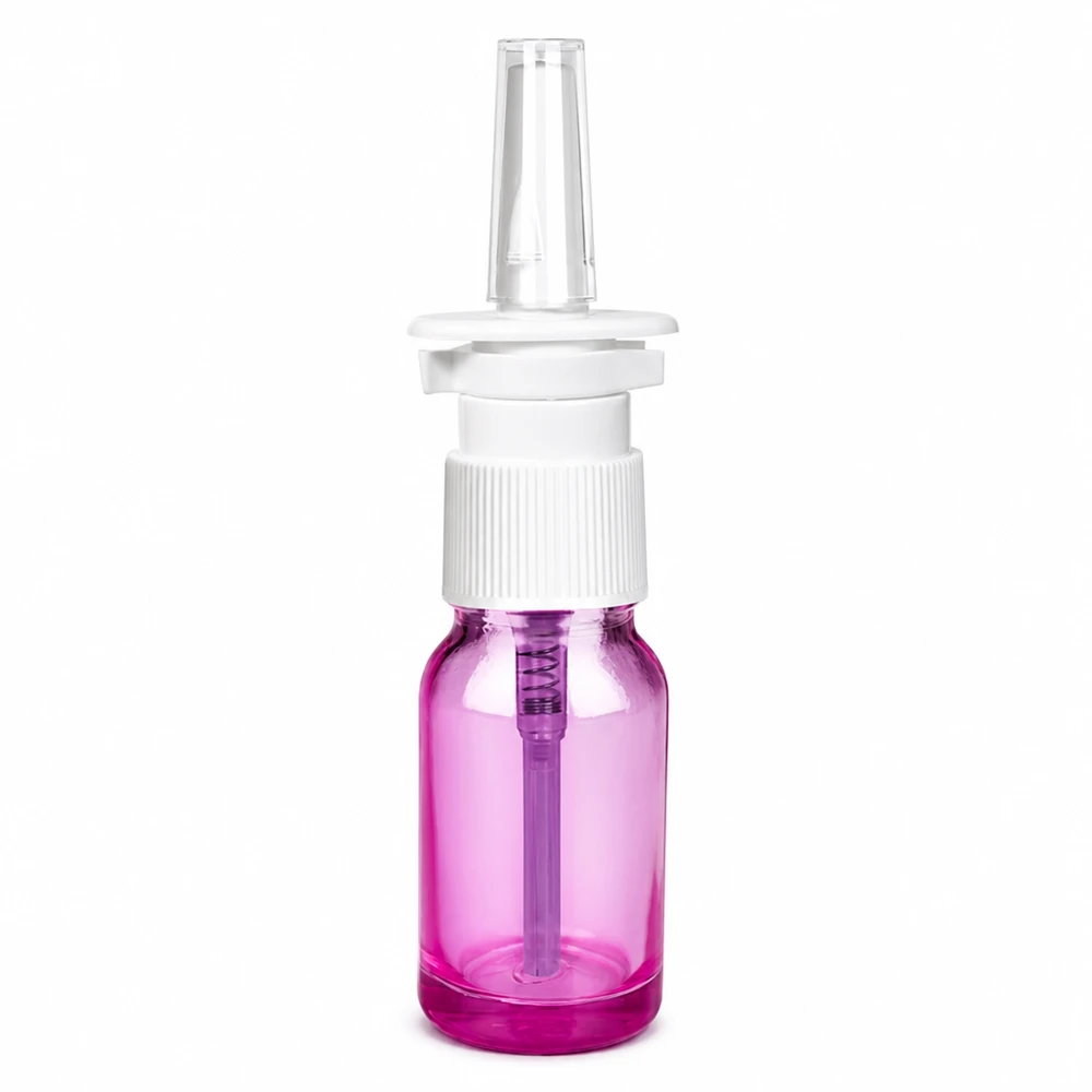Frasco de spray nasal de 10 ml branco/transparente standard PurpleLine. UT18/10 Frasco de spray nasal de 10 ml roxo transparente para medicamentos nasais e soluções em spray