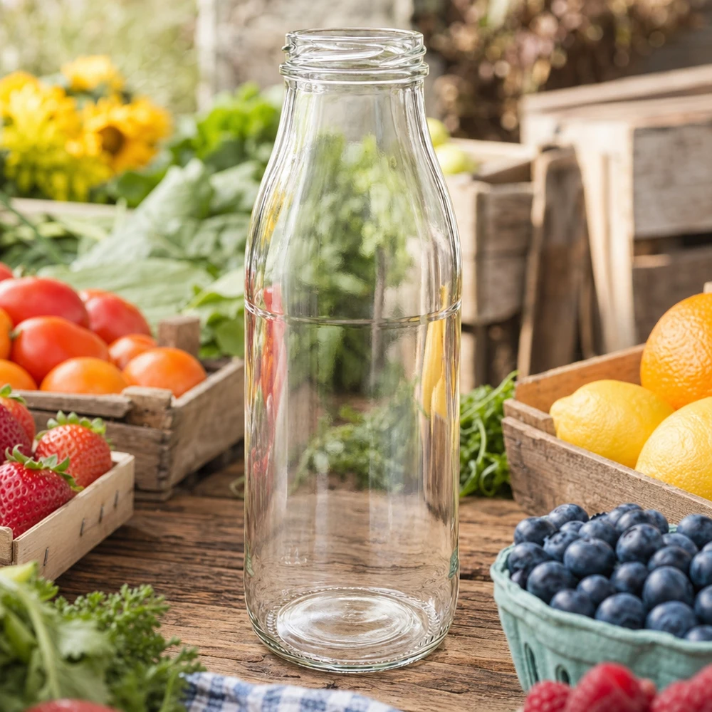 Garrafa de vidro de 500 ml TO48 UNiTWIST vazia sobre uma mesa de madeira rústica rodeada de frutas e legumes frescos em caixas de madeira
