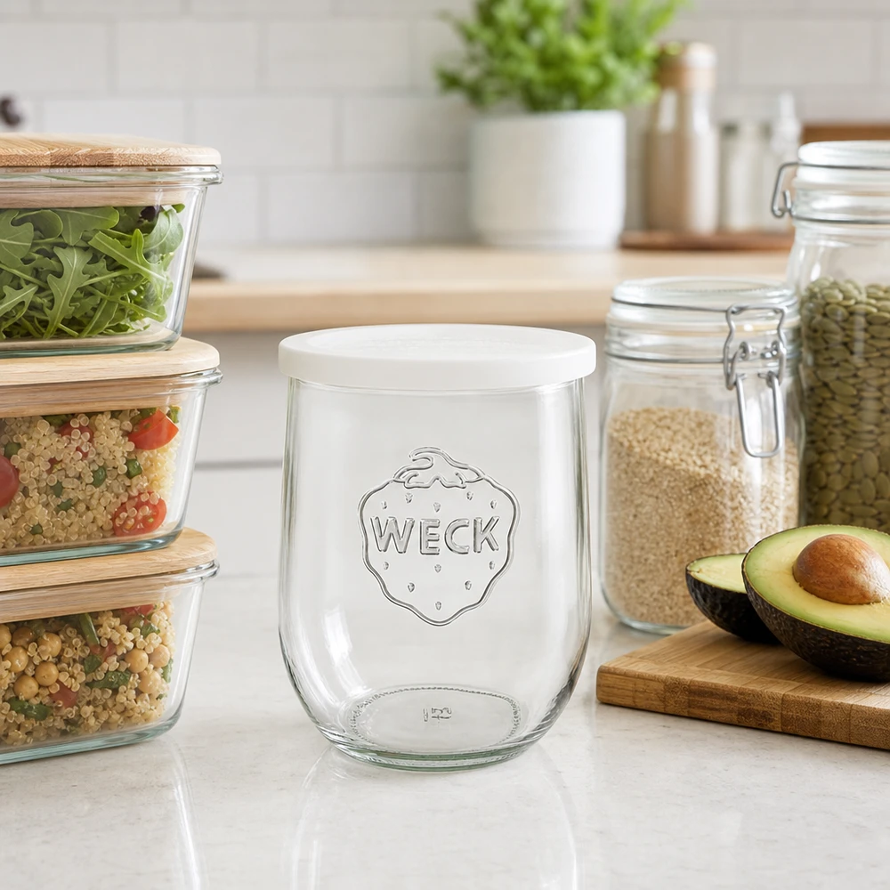 Frasco tulipa de 1062ml com tampa de frescura WECK RR100 WECK Tulpenglas 1062ml RR100 auf Küchenarbeitsplatte zwischen Vorratsgläsern und Avocado als stilvolles Küchenzubehör