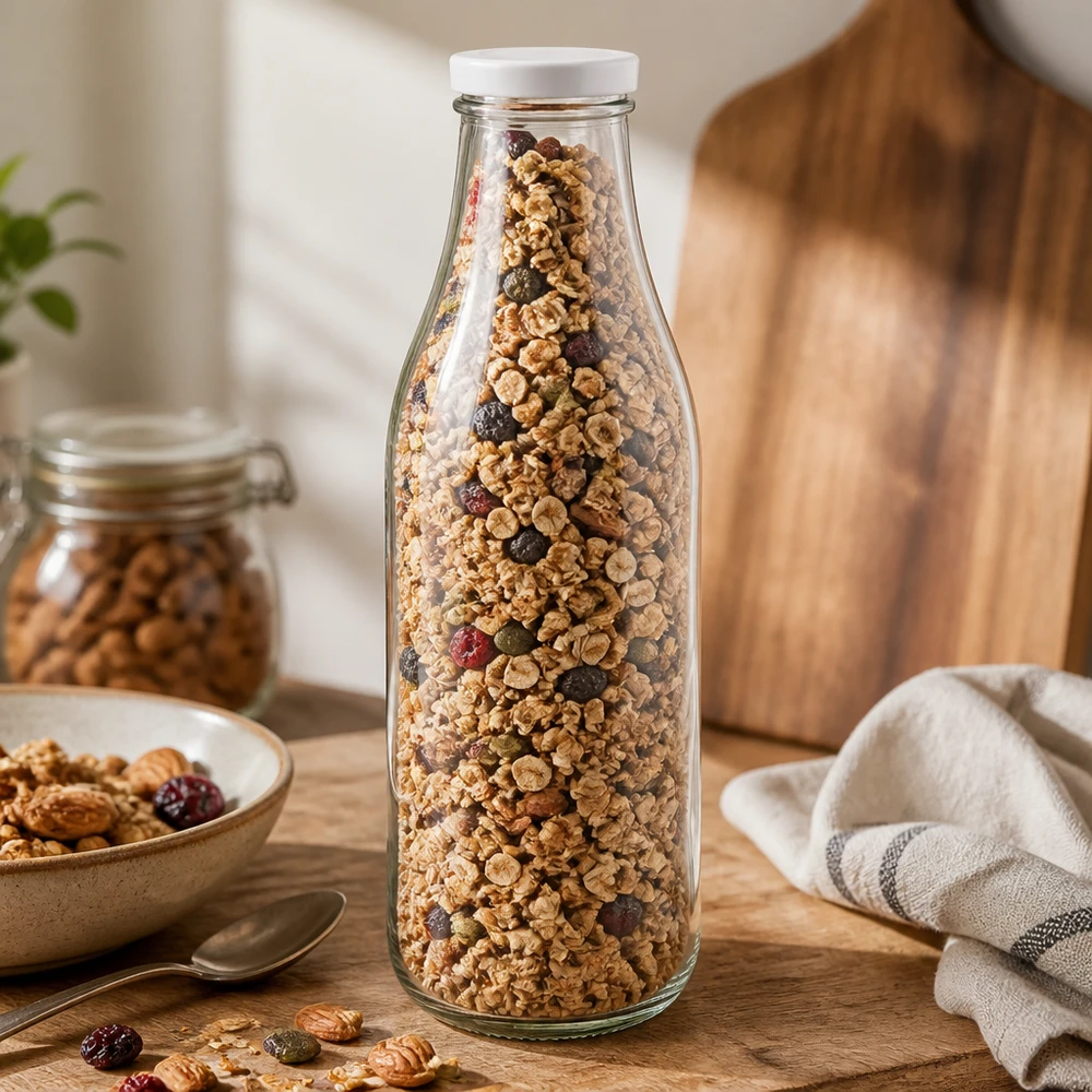 Garrafa de vidro de 1000 ml com tampa BasicSeal branca cheia de muesli, granola, nozes e frutos secos