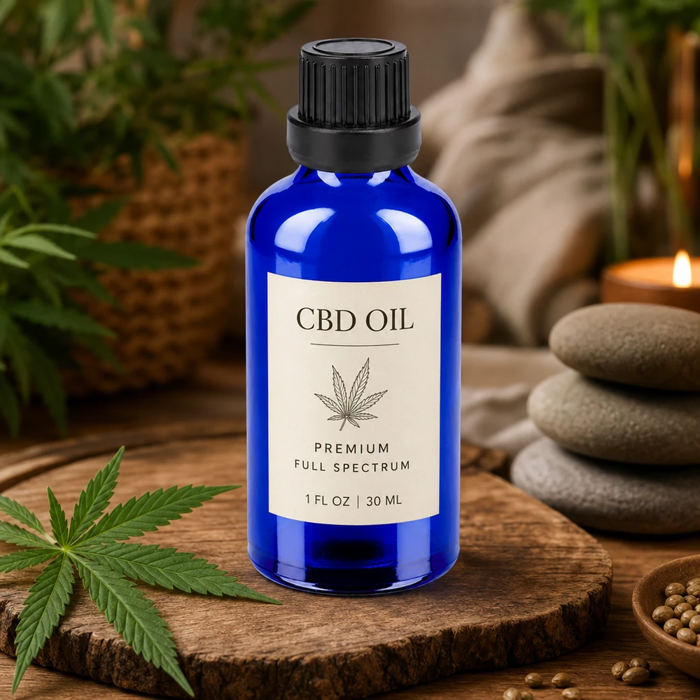Frasco de boticário de 50 ml de qualidade superior em vidro cobalto com tampa preta para óleo CBD e tinturas