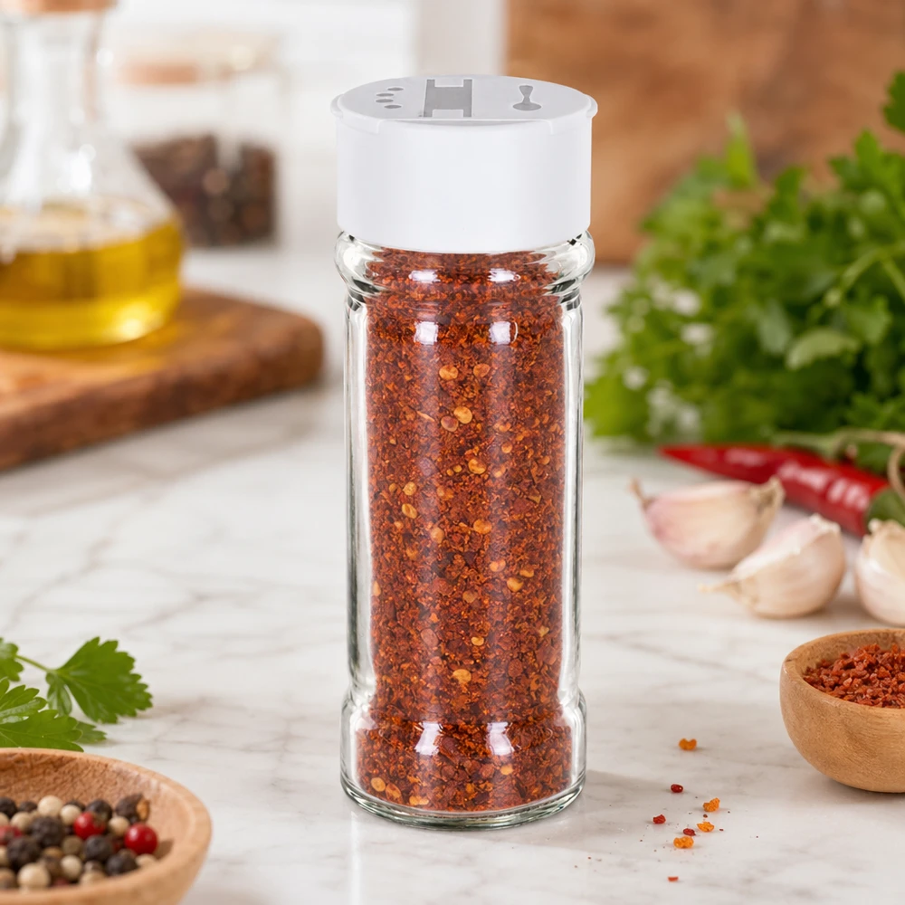 Frasco para sal/especiarias de 100 ml com espalhador duplo, branco Frasco para especiarias de 100 ml cheio de flocos de malagueta, com tampa branca dupla para polvilhar, sobre uma base de mármore