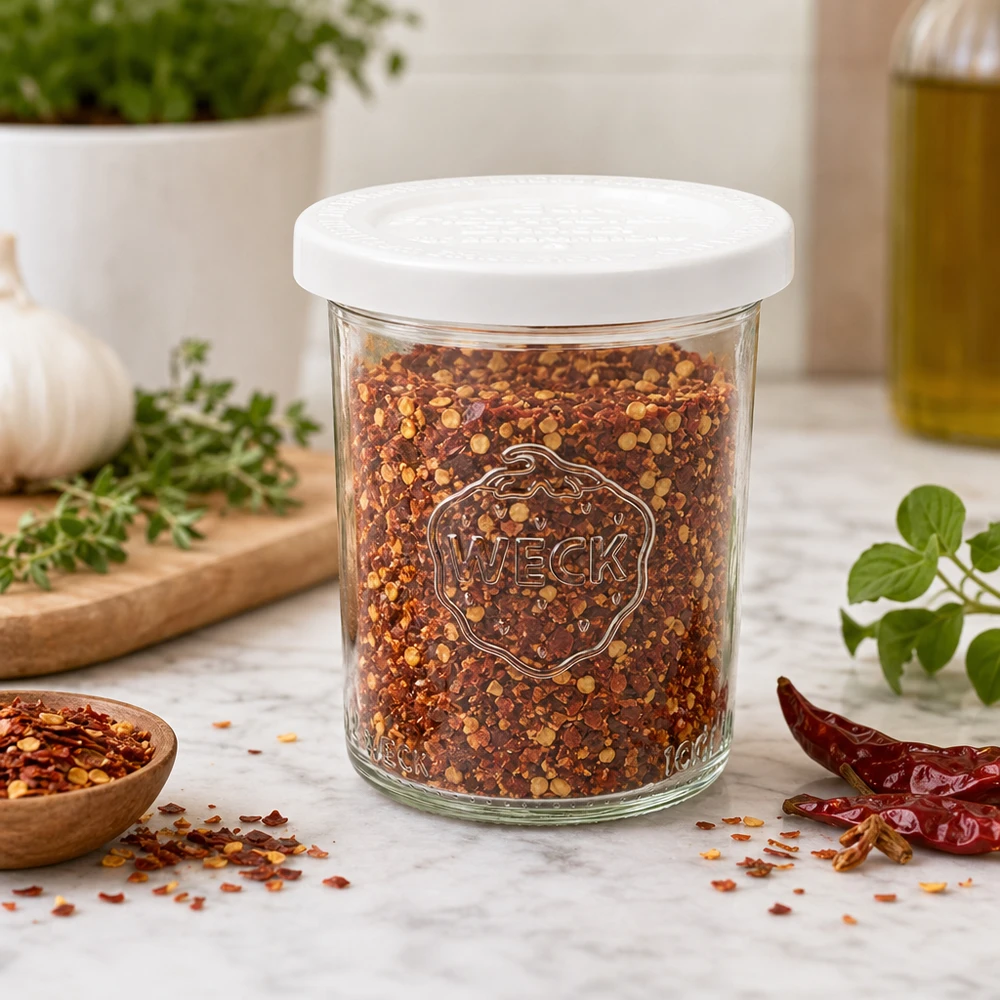 Frasco de vidro de 160 ml com tampa de conservação WECK RR60 WECK 160ml Sturzglas RR60 mit Chili-Gewürzmischung gefüllt als Gewürzdose in moderner Küche mit Kräutern