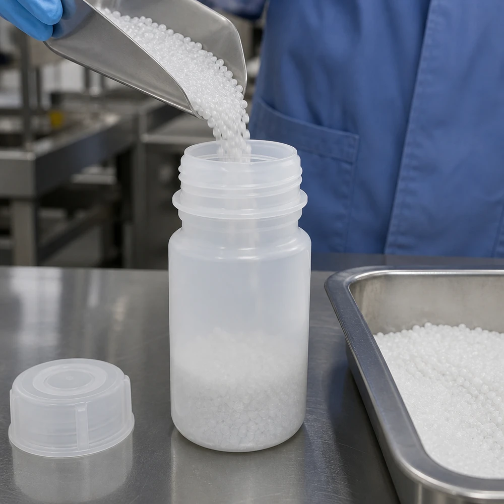 Frasco de laboratório de 50 ml de HDPE, de gargalo largo, com tampa de rosca, durante o enchimento com granulado de plástico