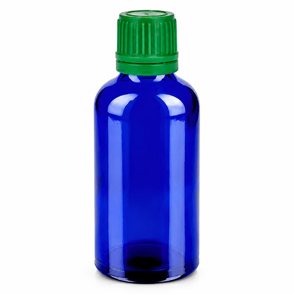 Frasco de 50 ml com tampa de rosca de 11 mm verde BlueLine UT18/50 Frasco de vidro azul de 50 ml com tampa de rosca verde para óleos essenciais e cosméticos