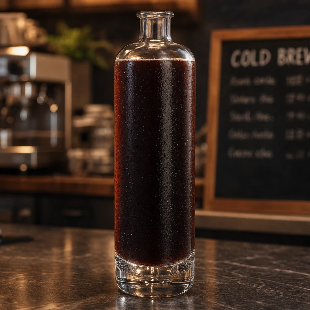 700ml Glasflasche "Eleganz" ohne Verschluss UNiTWIST® Garrafa de vidro de 700 ml de Ella UNiTWIST cheia de café frio num balcão de café escuro com um quadro de menu em fundo