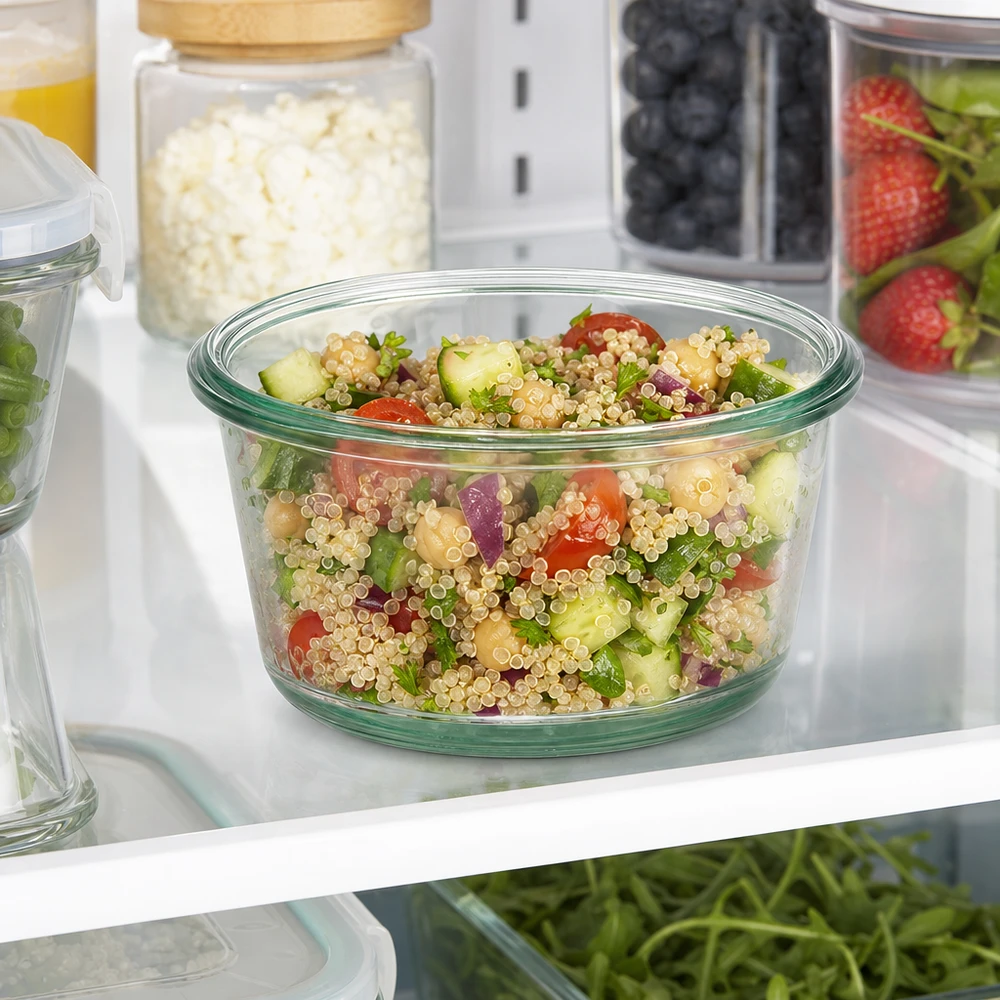 290ml Gourmetglas WECK RR100 Frasco gourmet WECK RR100 de 290 ml cheio de salada de quinoa no frigorífico para guardar alimentos para a preparação de refeições