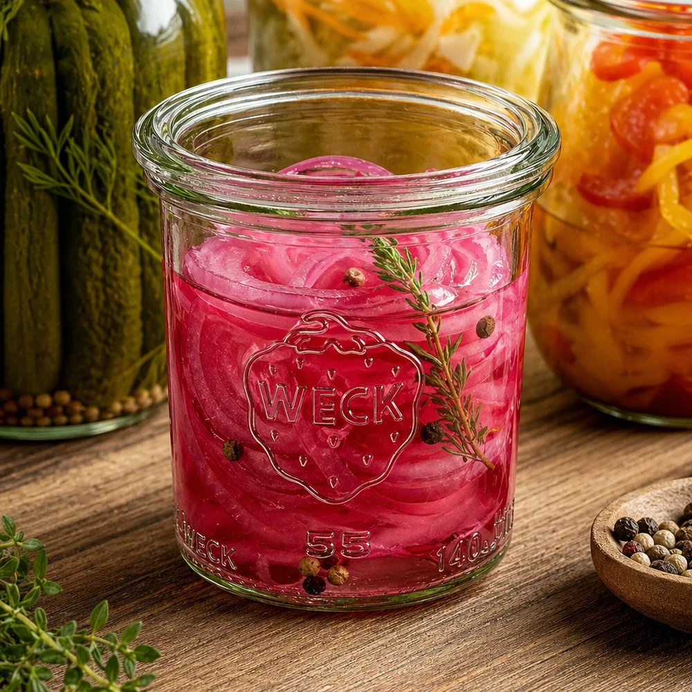 WECK Frasco de vidro cónico de 140 ml com tampa de vidro RR60 | Qualidade Premium WECK Sturzglas 140ml RR60 mit eingelegten roten Zwiebeln Kräutern Pfefferkörnern neben anderen Einmachgläsern